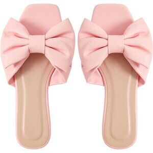 Women's Bow Pink Square Open Toe Breathable Slip On Slide Sandals Flat Shoes